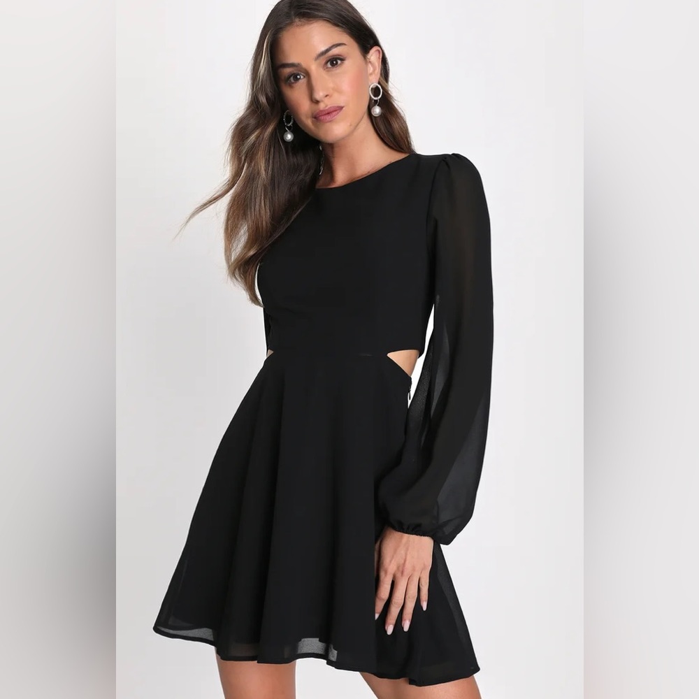 L - Garden Bliss Black Long Sleeve Cutout Mini Dress